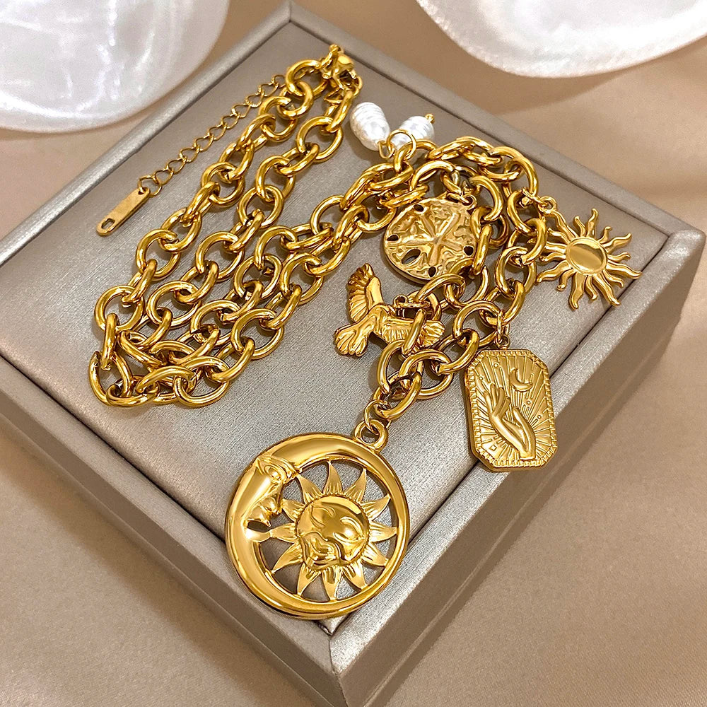 Necklace – Sun Moon Multi Accessory – Stainless Steel – Gold | KIMLUD