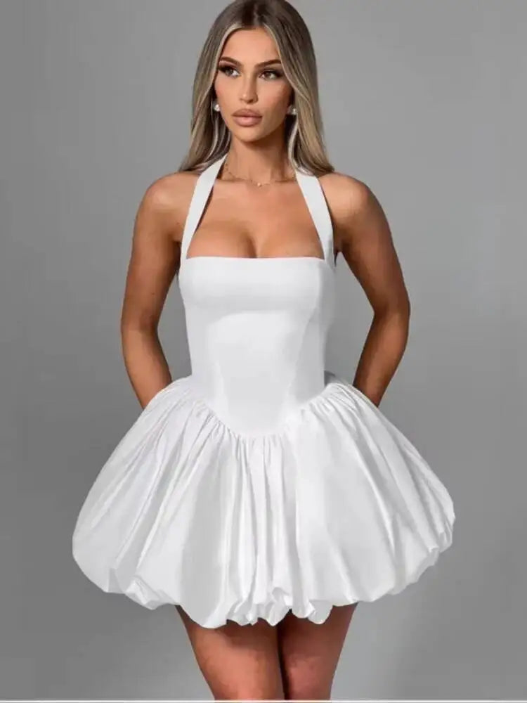 Elegant Pink Backless Pleated Lace-Up Halter Mini Dress Women Off Shoulder Sleeve Puff Hem A-Line Dresses Summer Lady Partywear