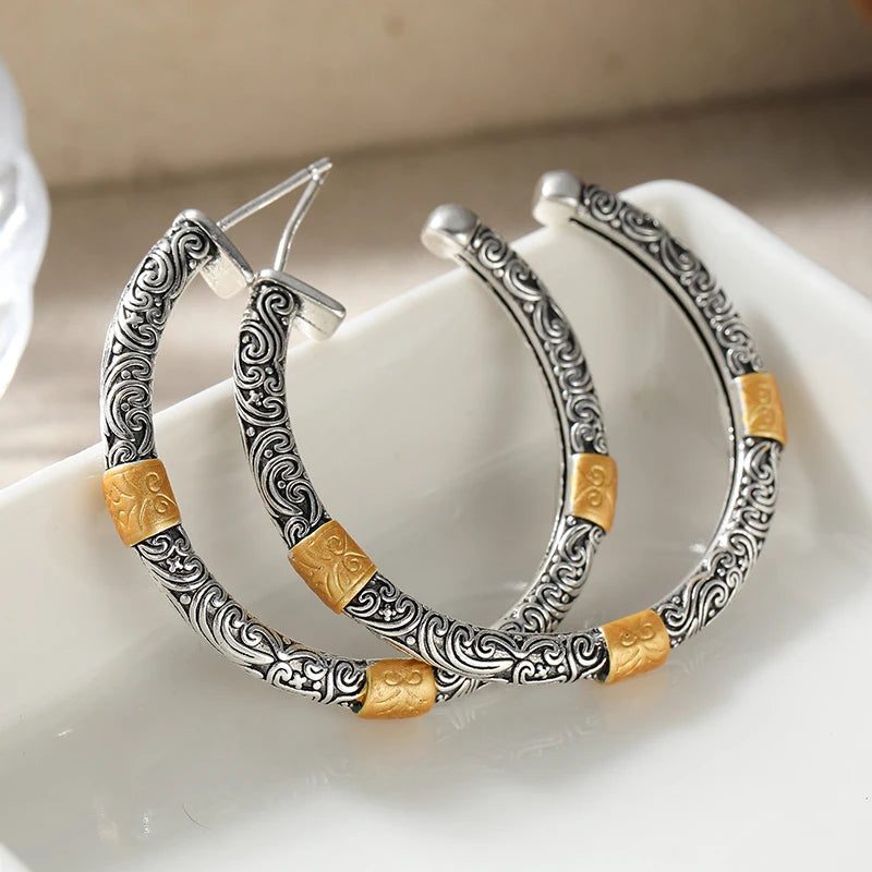Hoop Earrings – Two-tone Textured Design – Copper Metal – Silver | KIMLUD