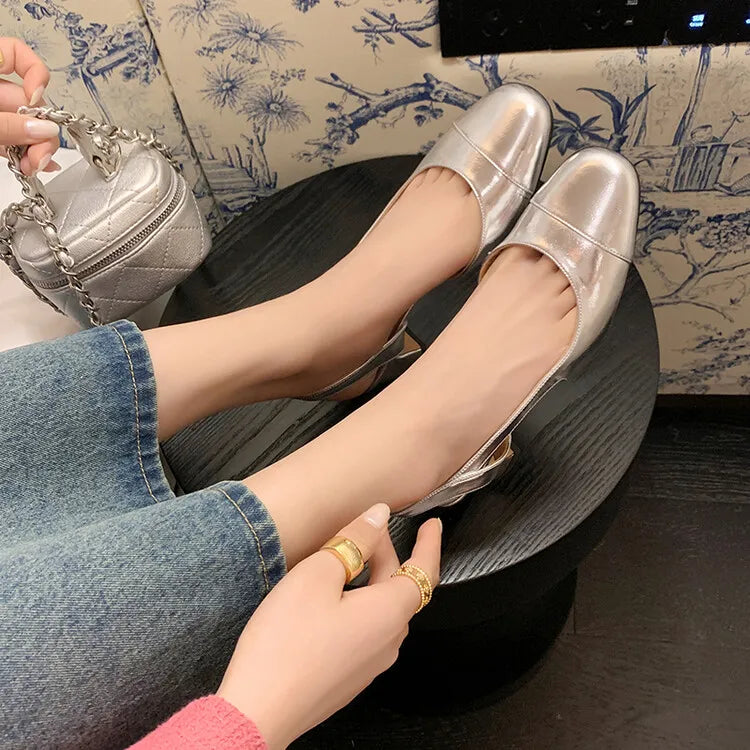 2025 Summer Genuine Leather Sandals for Women Silver Nude Medium Heels Summer Shoe Two-Tone Block Heeled Pumps Lady Office Party