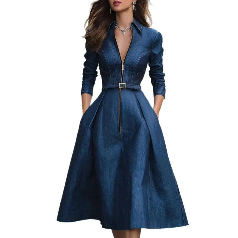 Modigirl Woman Blue A-Line Dresses 2025 Spring Fall New Pleated High Waisted Pockets Zipper Lapel Vintage Women's Midi Dress