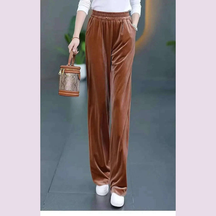 Korean Fashion Women Pleuche Pants Autumn Winter Elastic High Waist Solid Pockets Loose Office Lady Straight Wide Leg Trousers