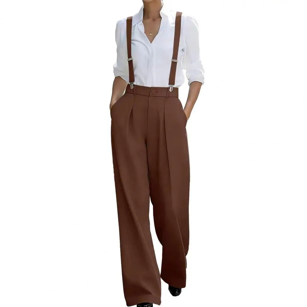 Wide Leg Suspender Trousers With Detachable Gray Straps — Black | KIMLUD