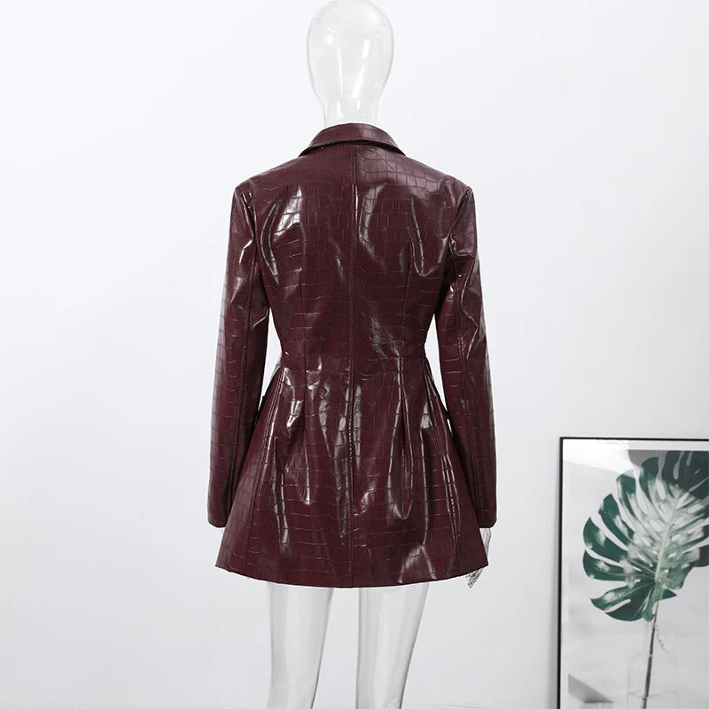 PU Leather Dresses Lapel Blazer Long Sleeve — Black | KIMLUD