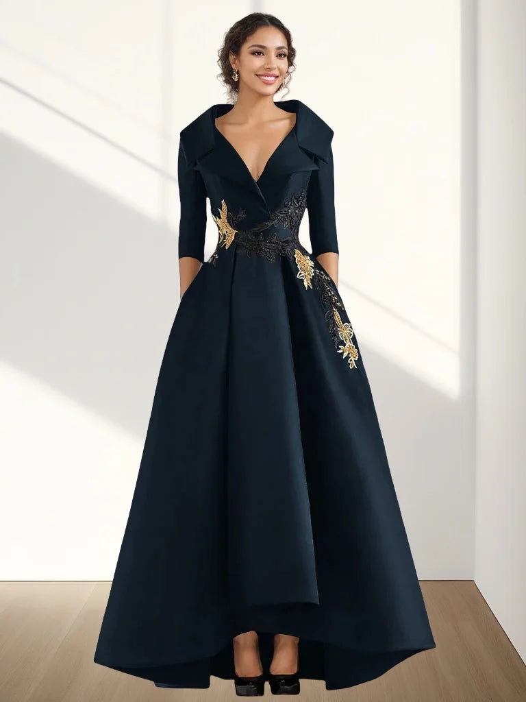 A-Line Evening Gown Vintage Elegant Dress Floor Length 3/4 Length Sleeve V Neck Satin with Beading Appliques 2024