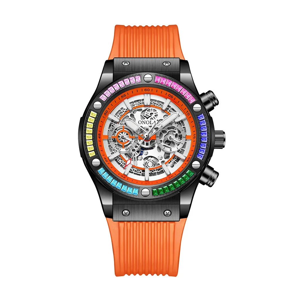 Silicone Strap Rainbow Diamond Watch 45mm Hardlex Dial, Date, Luminous Hands, 3Bar Water Resistant — Rainbow | KIMLUD