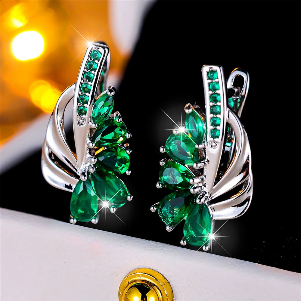 Gold Color Clip Earrings Water Drop Zircon — Blue Green | KIMLUD