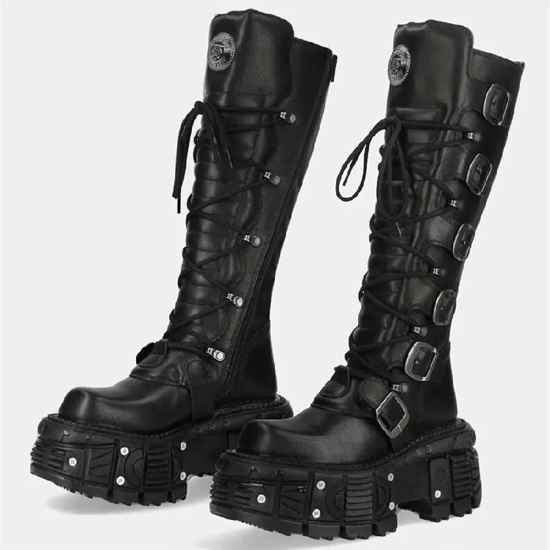 Belt Buckle Motorcycle Boots Knee High Rock Punk Round Toe Thick Bottom Leather Solid Color Fashion Sexy Women Shoes New
