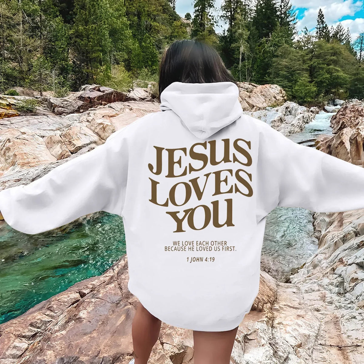 Pullover Hoodie - Jesus Loves You Print - Cotton-Polyester | KIMLUD