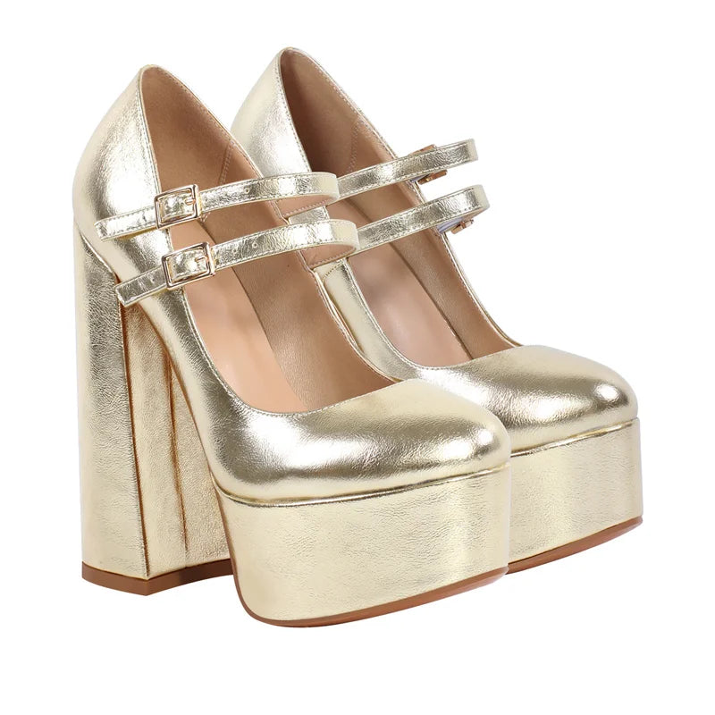Mary-Jane Platform Pumps – Hoof Heel – Platform – Gold | KIMLUD