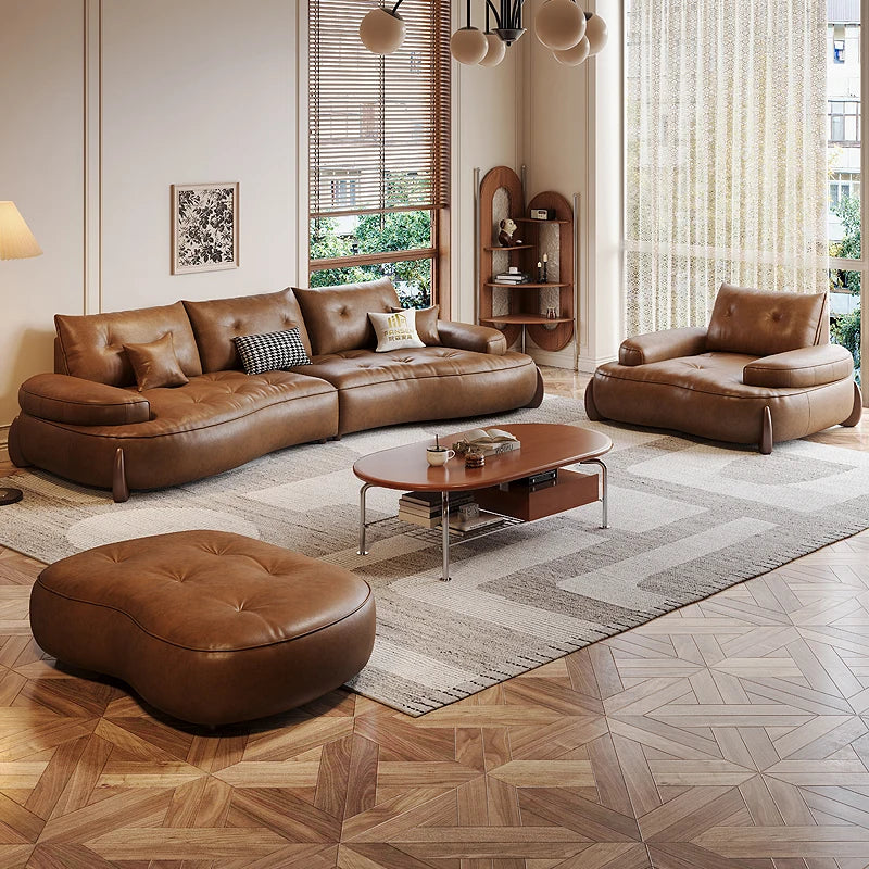 Leather U-Shape Sofa Pillowed Cushions — Caramel Brown | KIMLUD