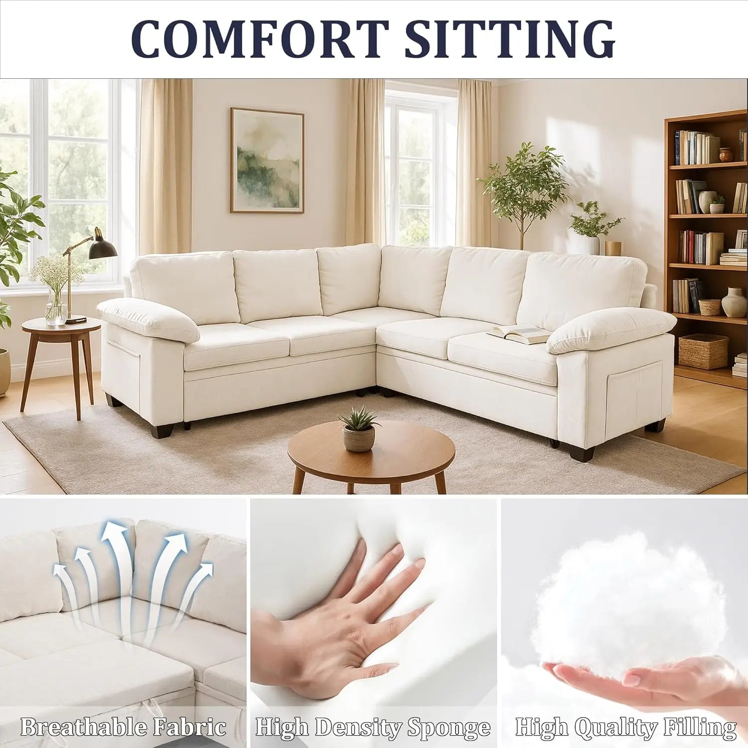 108in L-Shaped Sleeper Sectional Sofa Bed with Storage, Chenille, 5-Seat Modular for Living Room Apartment, Customized