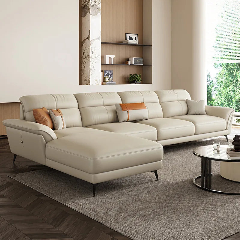 Leather Sculpted Modern L-Shaped Sofa — Black | KIMLUD
