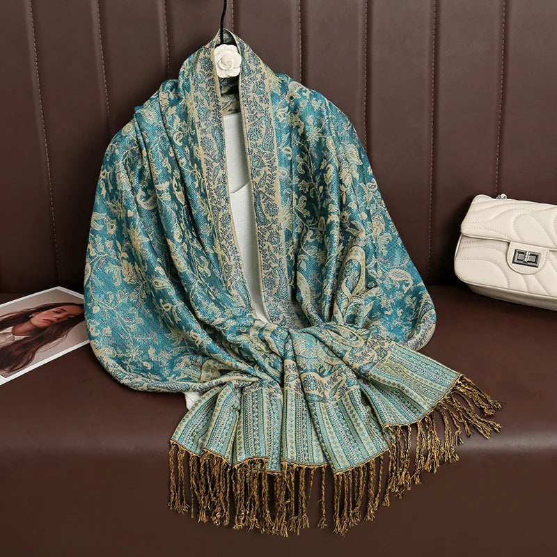 Cashmere Pashmina Shawl With Autumn Print Design, Olive Accents And Gold-Toned Fringe — Red | KIMLUD