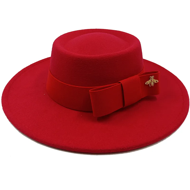 KIMLUD, Wholesale Fedora hats Winter round concave convex surface flat top bow elastic ribbon men&#39;s and women&#39;s felt jazz hats Fedora, 22 / China / 56-58cm, KIMLUD Womens Clothes