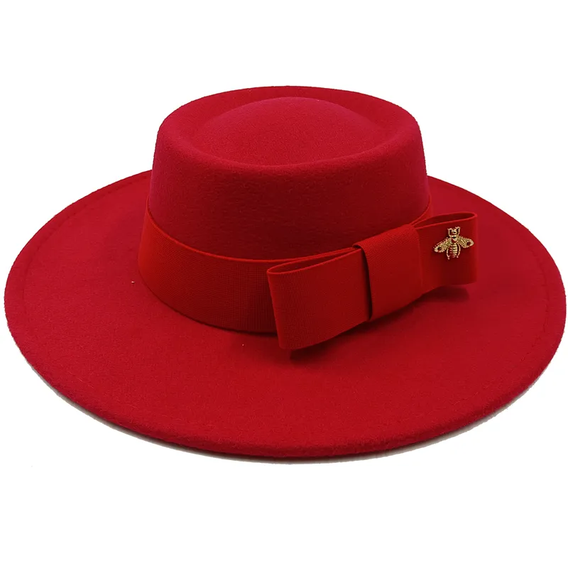 Wholesale Fedora hats Winter round concave convex surface flat top bow elastic ribbon men&#39;s and women&#39;s felt jazz hats Fedora - KIMLUD