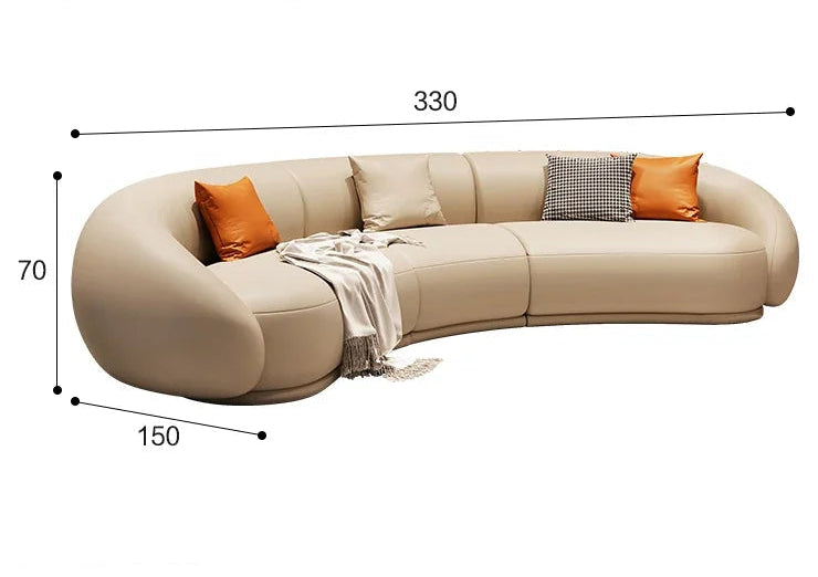 Beige sectional sofa with dimensions labeled on a white background