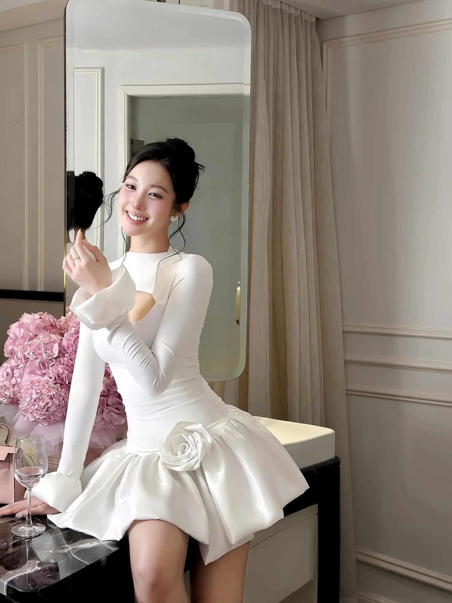Organza Evening Dress With Ruffle Sleeves And Rose Applique — White | KIMLUD