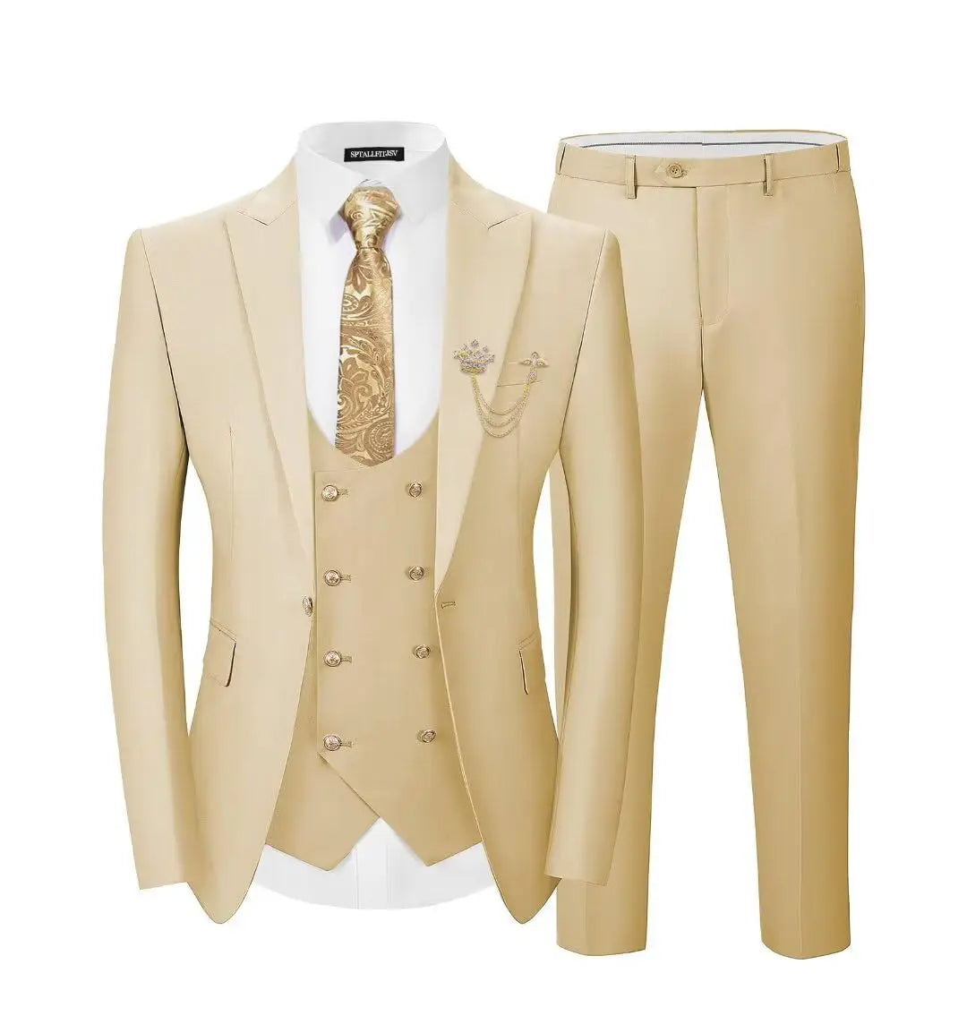 Men's 3-Piece Suit Set Classic One Gold Button Slim Fit Blazer Vest Pants Formal Business Wedding Wear