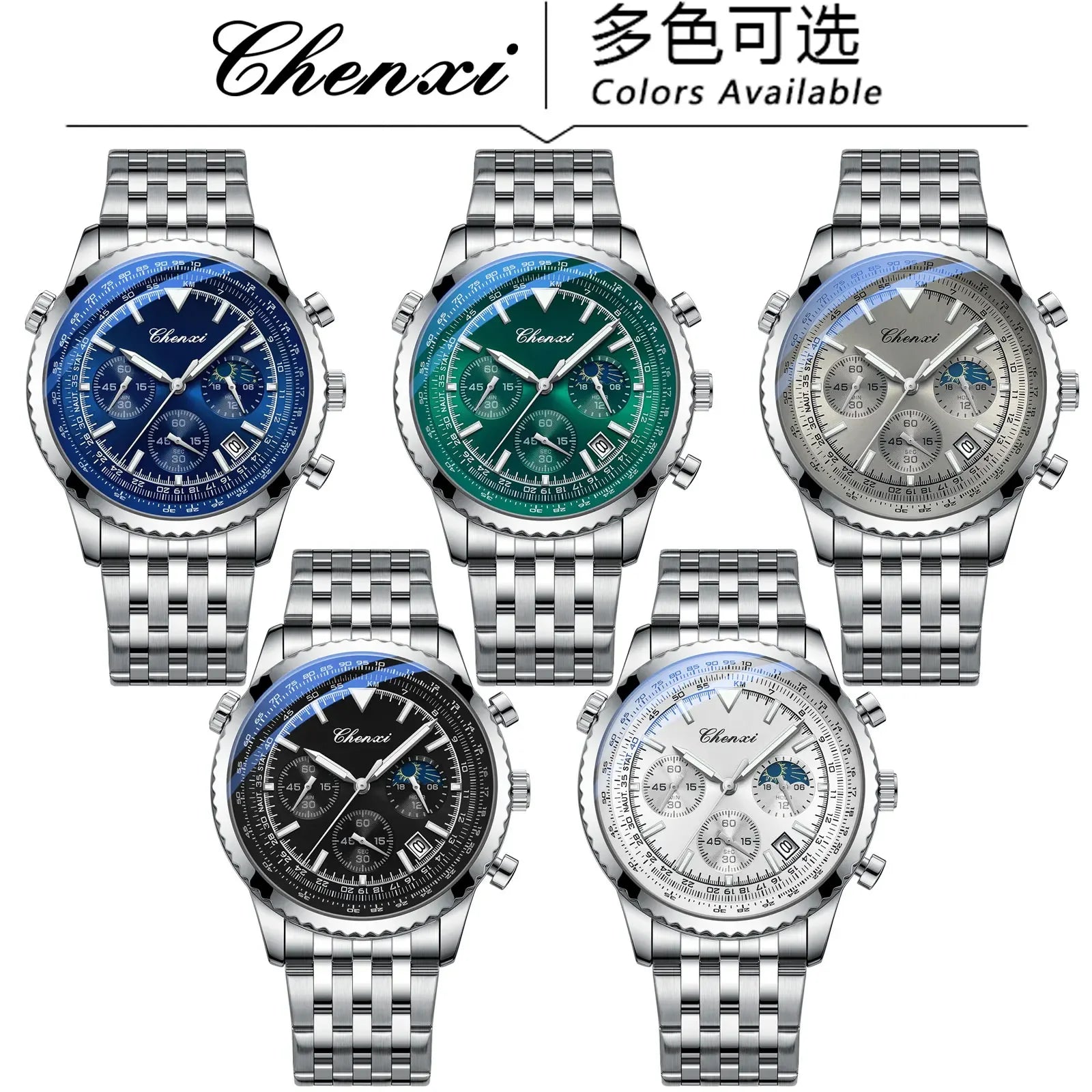 Luxury StopWatch Moon Phase Waterproof Male Clock Luminous Date Stainless Steel Square Quartz Men Watch reloj hombre