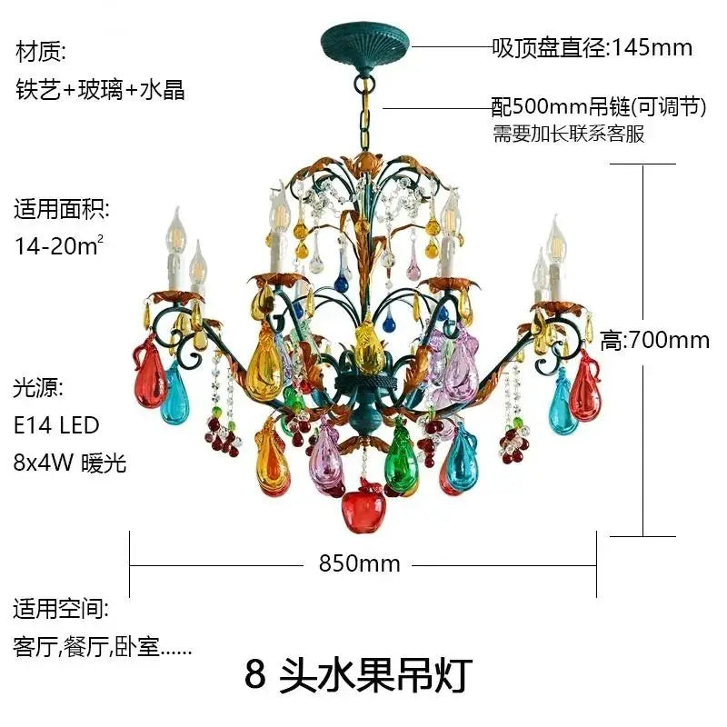 French Colorful Restaurant Chandelier Art Glass Lamp Romantic Bedroom Lamp Retro Colorful Candle Chandelier Crystal Lamp