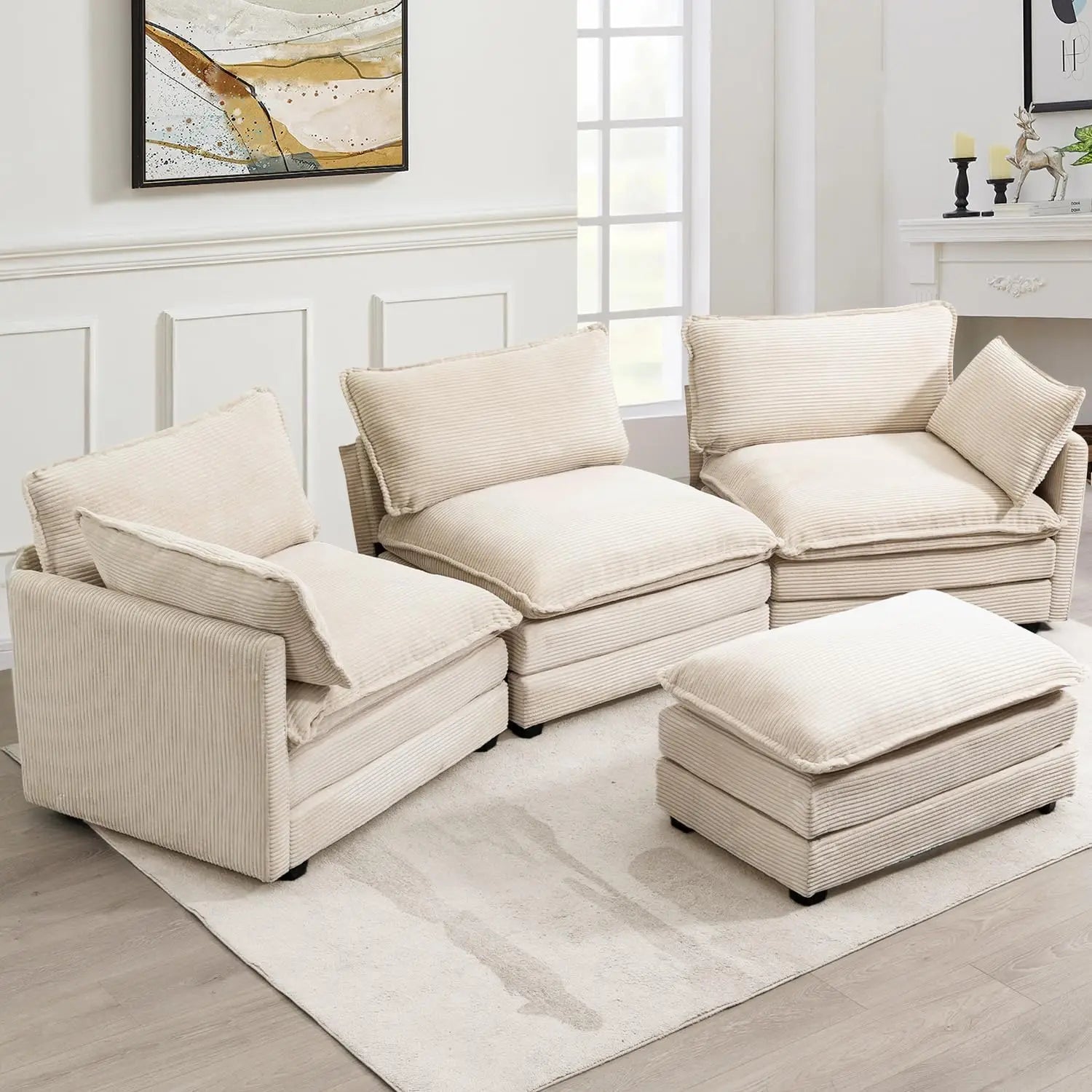 Corduroy Sectional Sofas With Movable Ottoman — Gray | KIMLUD