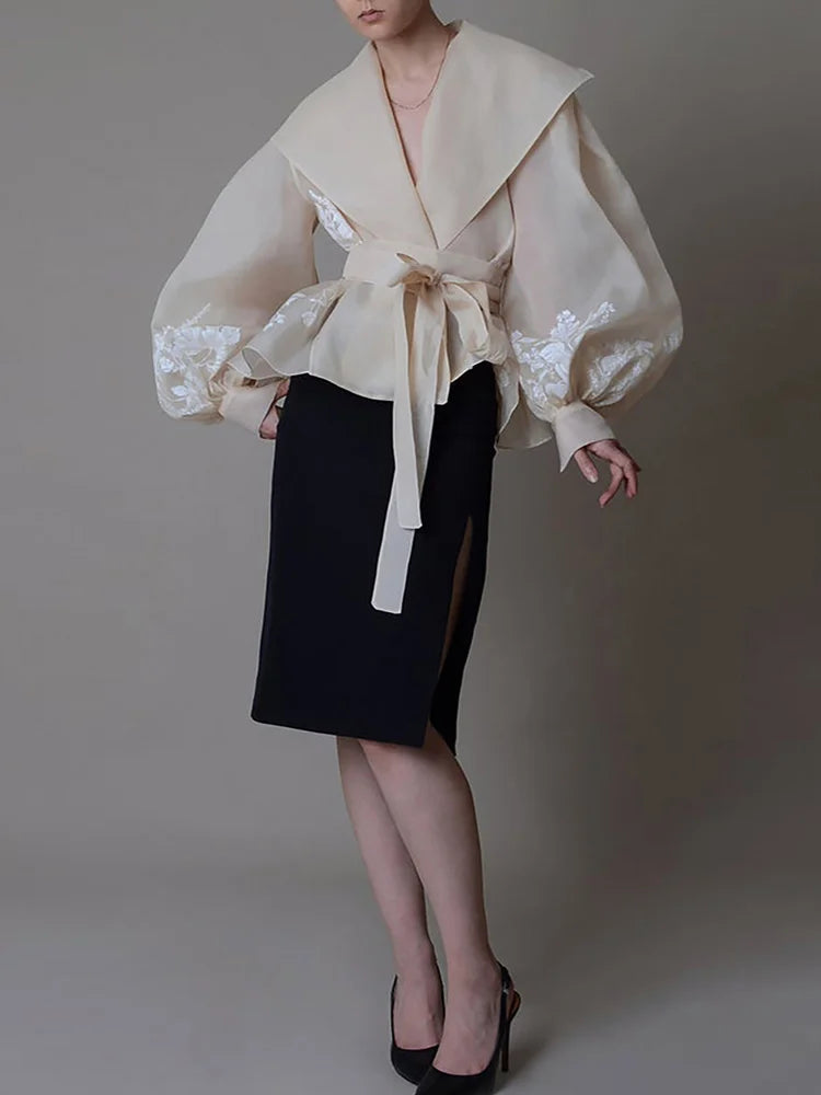 TWOTWINSTYLE Colorblock Patchwork Lace Up Shirts For Women V Neck Lantern Long Sleeve Temperament Blouses Female Fashion Style