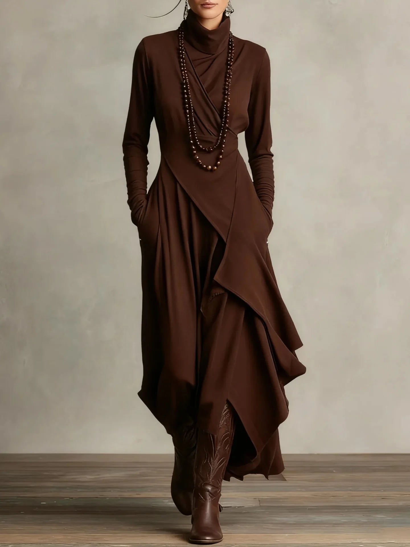 Vintage Irregular Cross Dress for Women Long Sleeve Solid Turtleneck Simple Fashion Casual Spring Holiday Long Dresses
