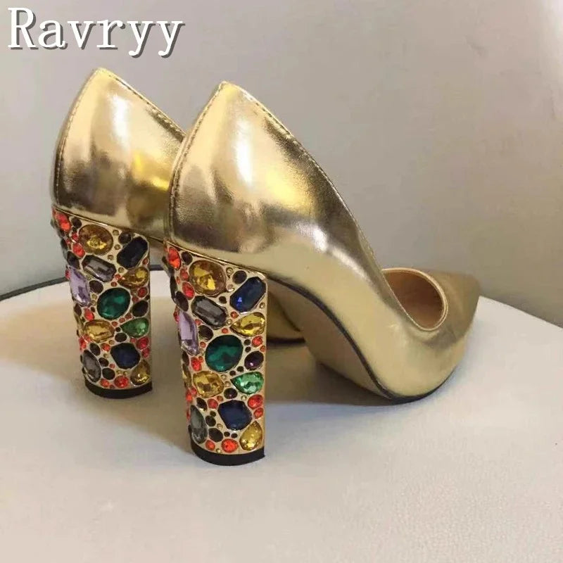 Rhinestone Block Heel Pumps In Sheepskin — Gold | KIMLUD