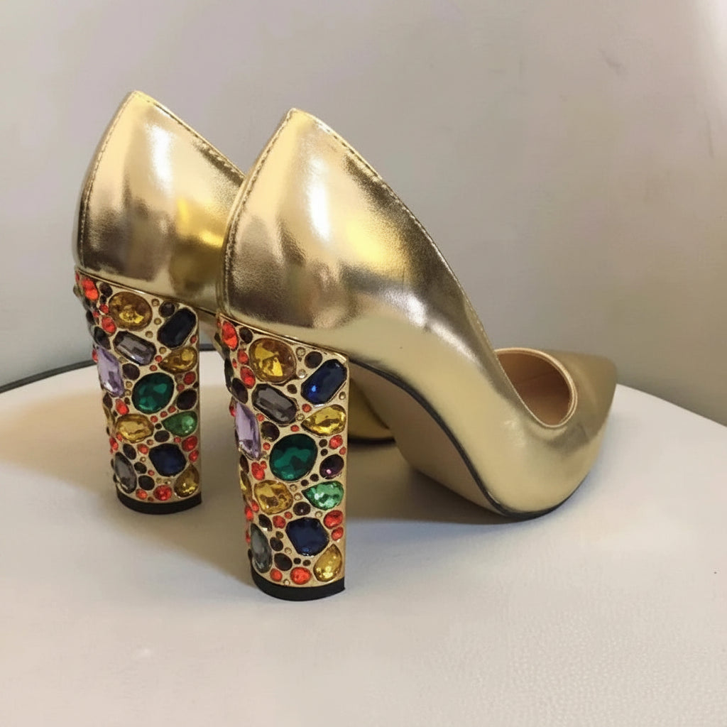 Metallic Gold Rhinestone Pumps With Crystals — Gold | KIMLUD