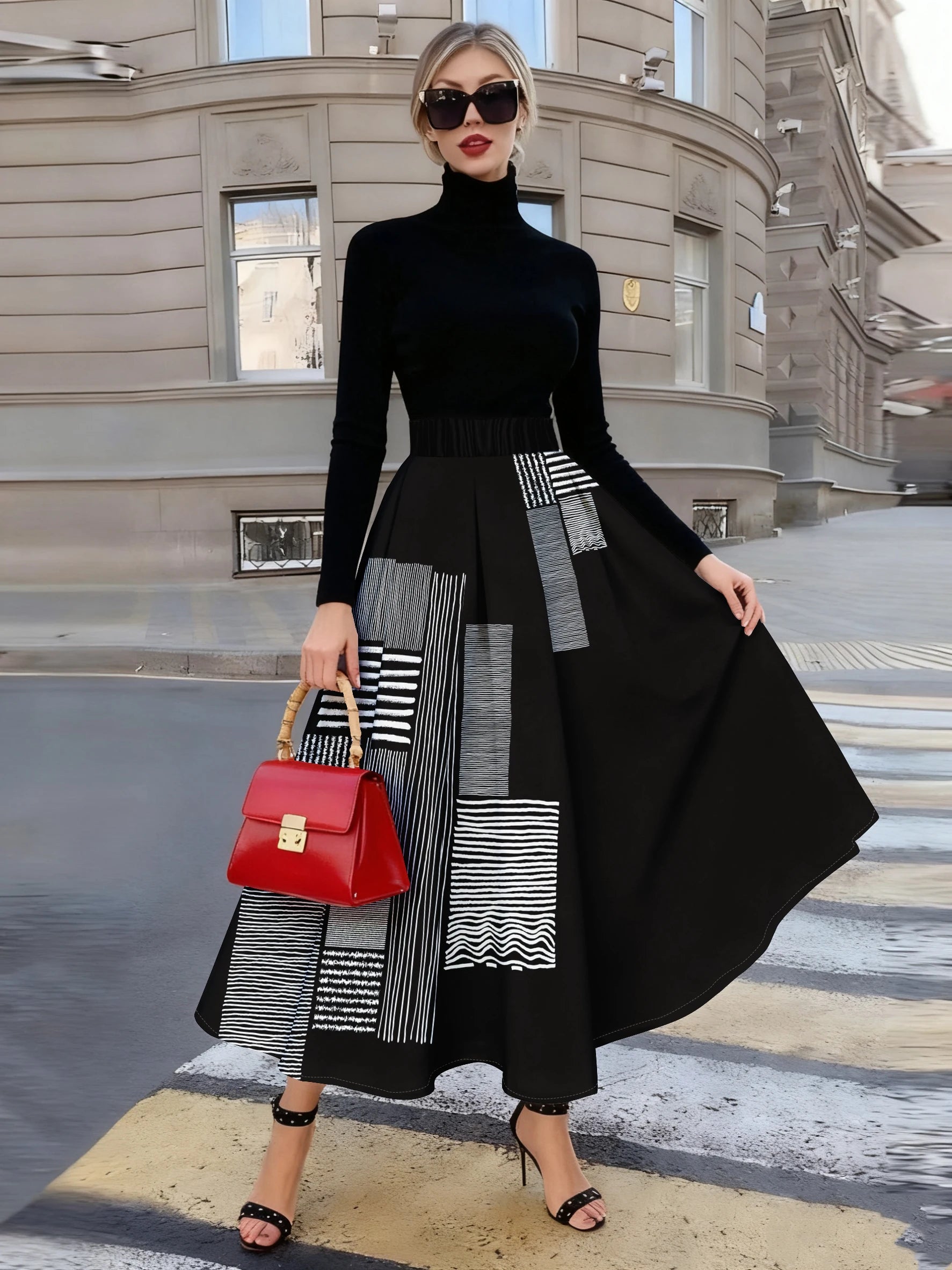 Skirt – Geometric Stripes Pattern – Polyester Fiber | KIMLUD