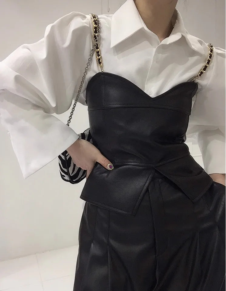 PU Leather Vest Two-Piece Shirt Set With Oversized Bubble Sleeves And Chain Detail — White | KIMLUD