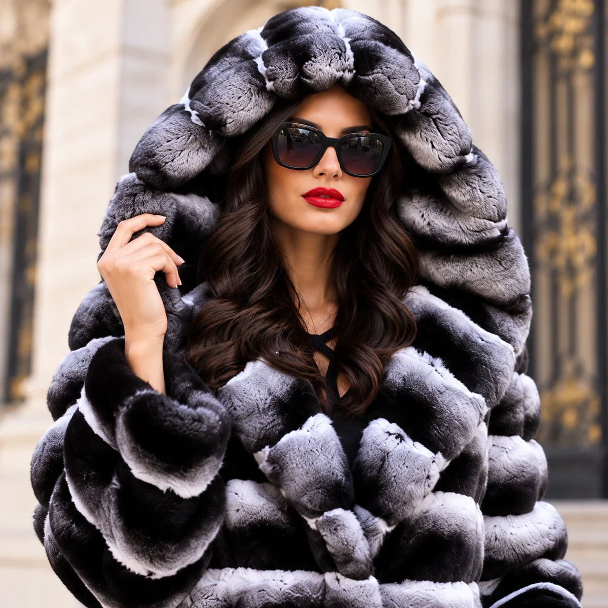 Long Fur Coat – Hooded – Fur – Black Grey Gradient | KIMLUD