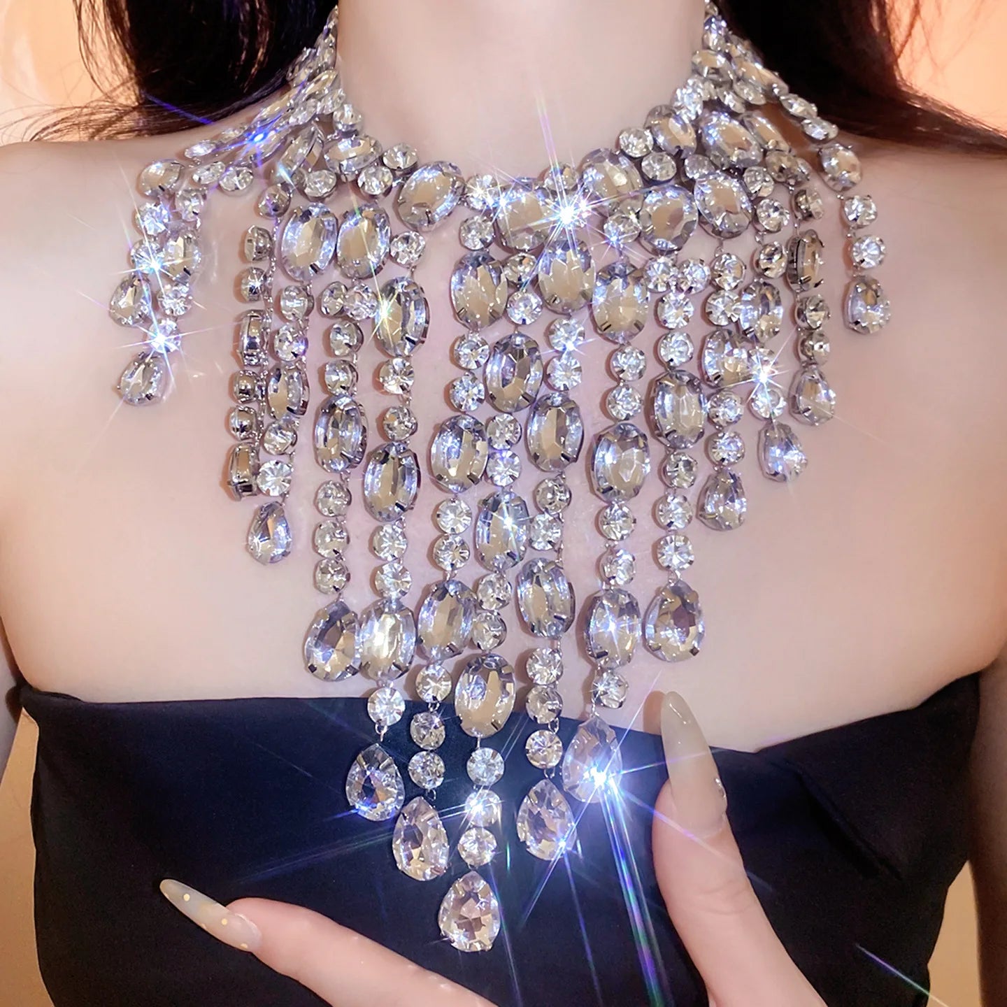 Luxury Tassel Water Drop Rhinestone Choker Necklace for Women Oversized Sparkly Elegant Evening Party Wedding Statement Jewelry