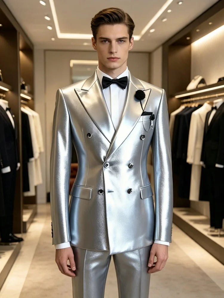 Men's Double Breasted Blazer – Slim Fit – Silver Metallic | KIMLUD