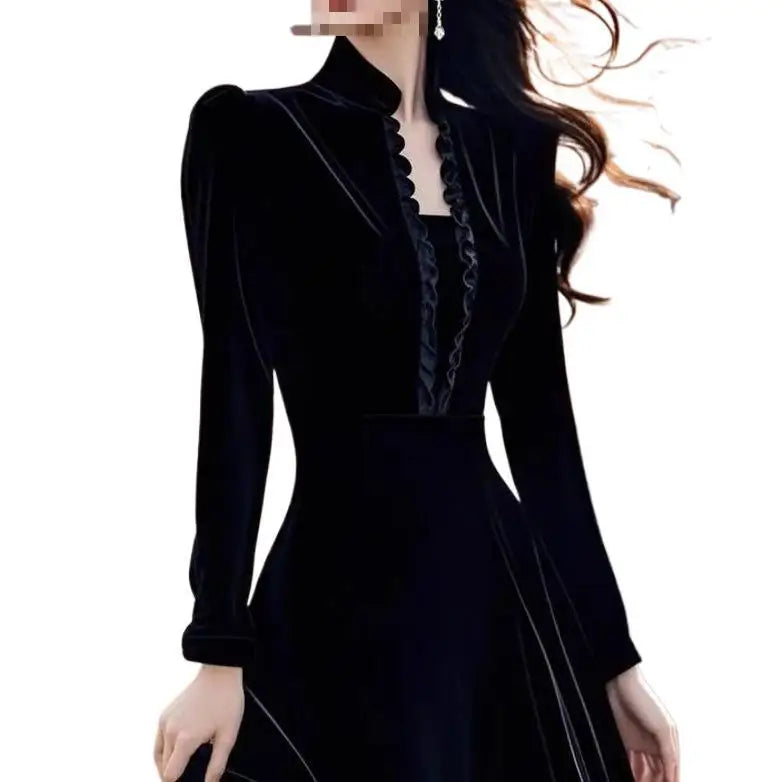 Velvet Midi Dress – Stand Collar Long Sleeve – Black | KIMLUD