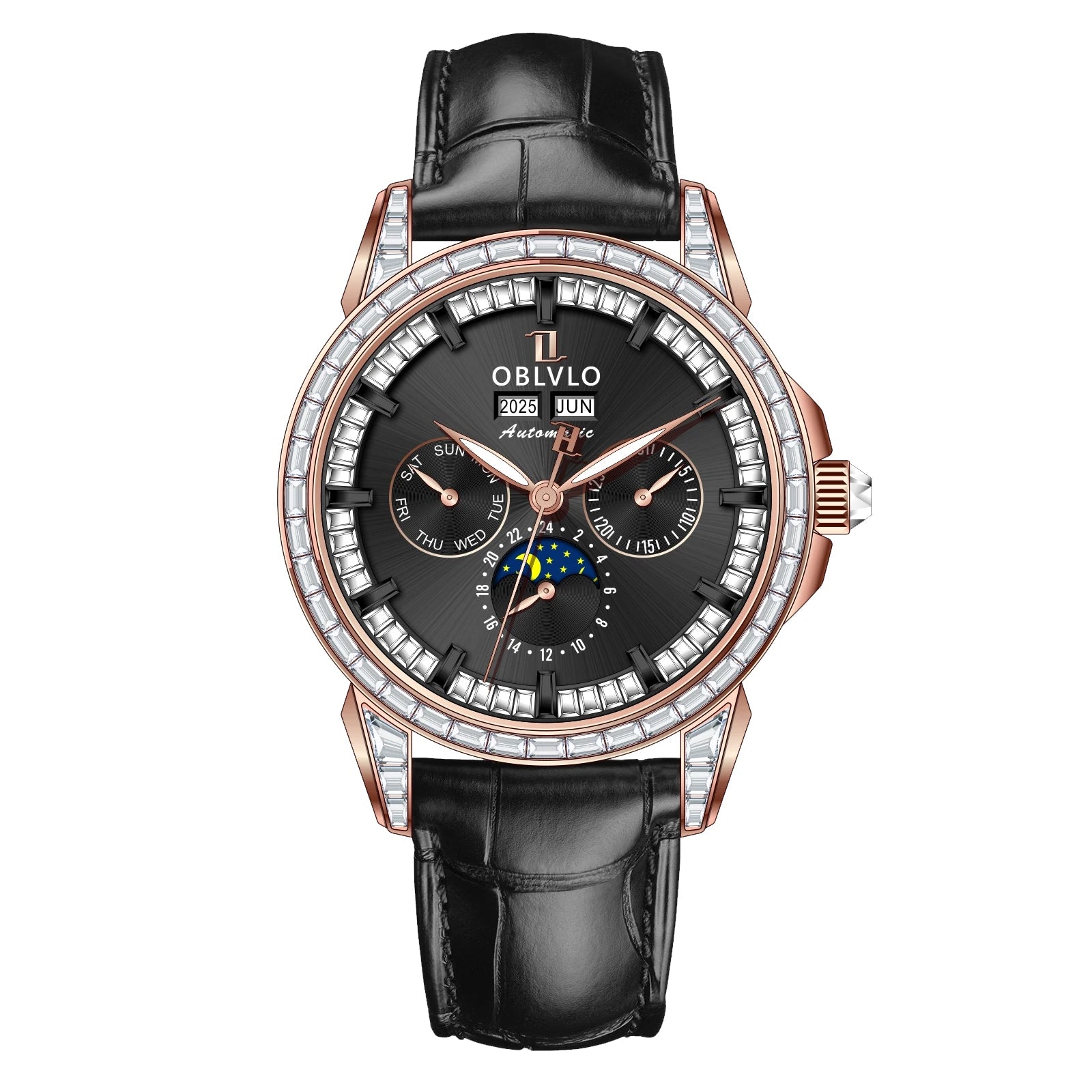 Moonphase Automatic Leather Strap Watch Complete Calendar — Red | KIMLUD