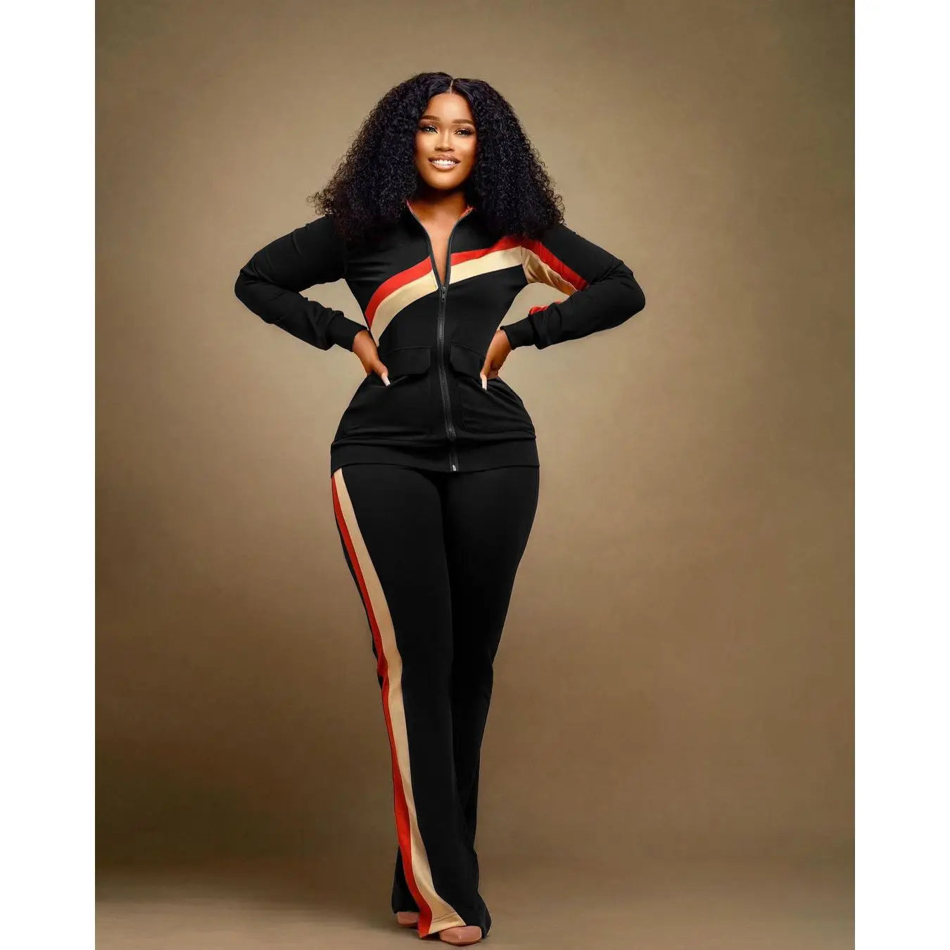 Casual Spor Women's Faion Set TW52 Long Sve Polyester Pants Striped Patchwork Independent Station Cross-Border