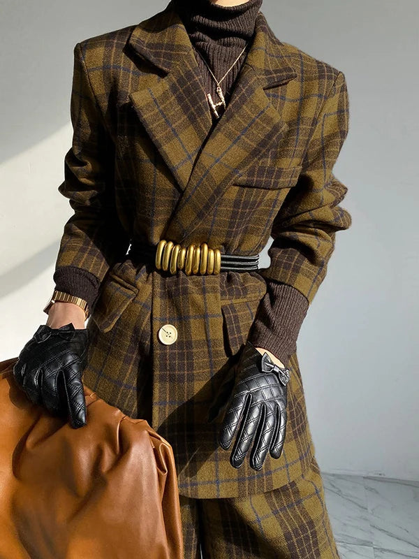 Woolen Blend Jacket Plaid Notch Collar Long Sleeve — Charcoal | KIMLUD
