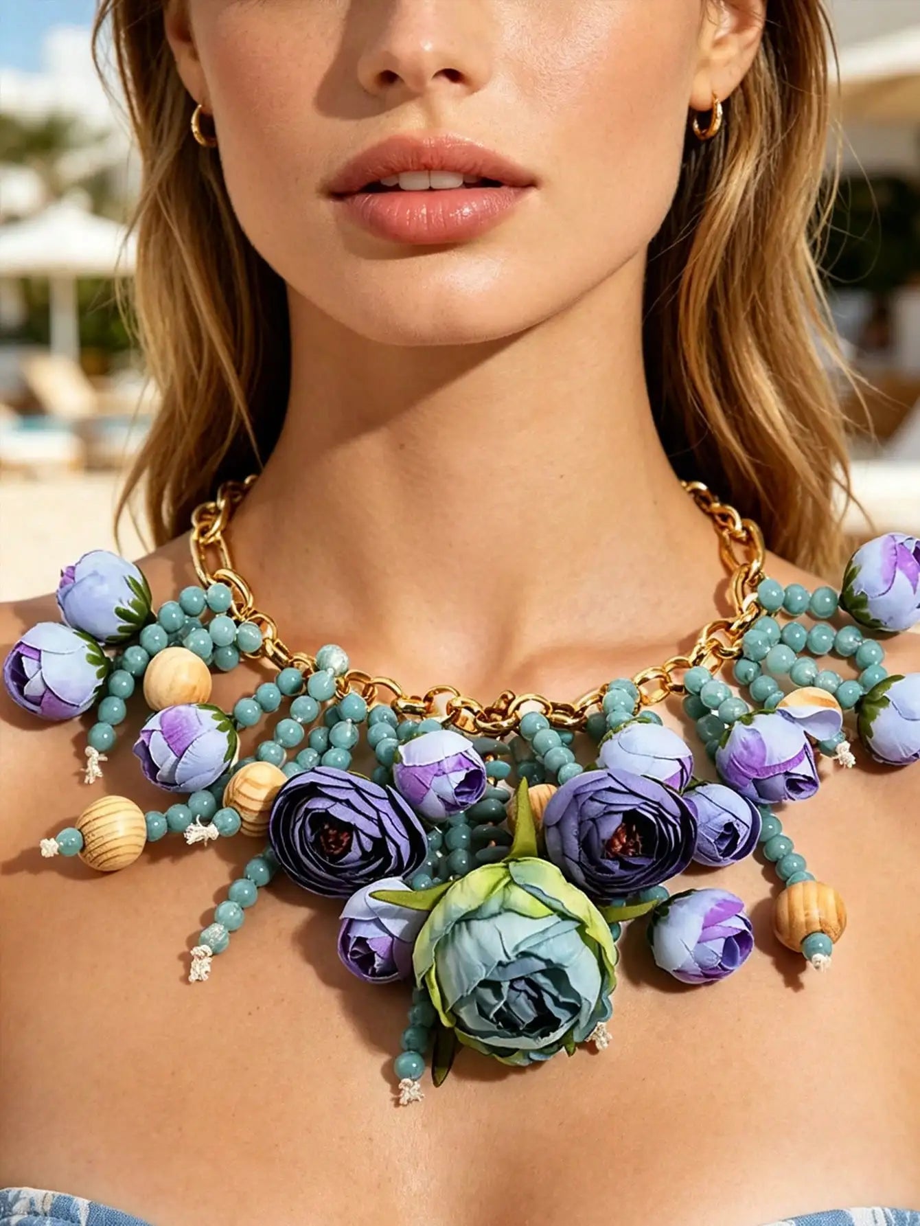 Bohemian Fabric Floral Necklace — Blue Purple | KIMLUD