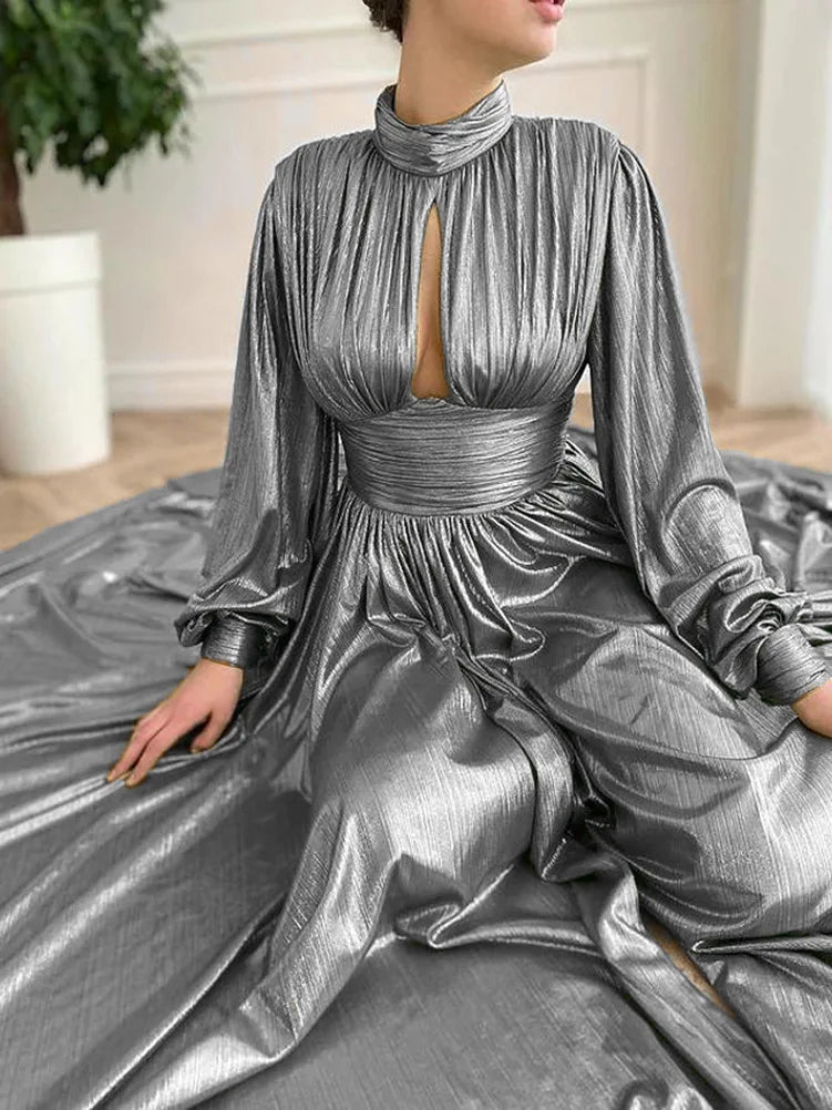 Satin-Effect Polyester Dress With Hanging-Neck — Avocado Green | KIMLUD