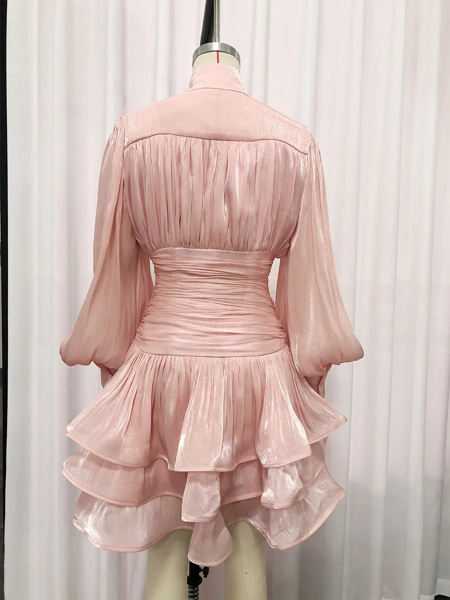 Elegant High Neck Organza Dresses Mini — Pink | KIMLUD