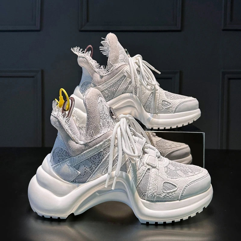 Lace-Up Sneakers Thick Sole City-Stride Comfort For Daily Urban Walks And Elevated Pace — White | KIMLUD
