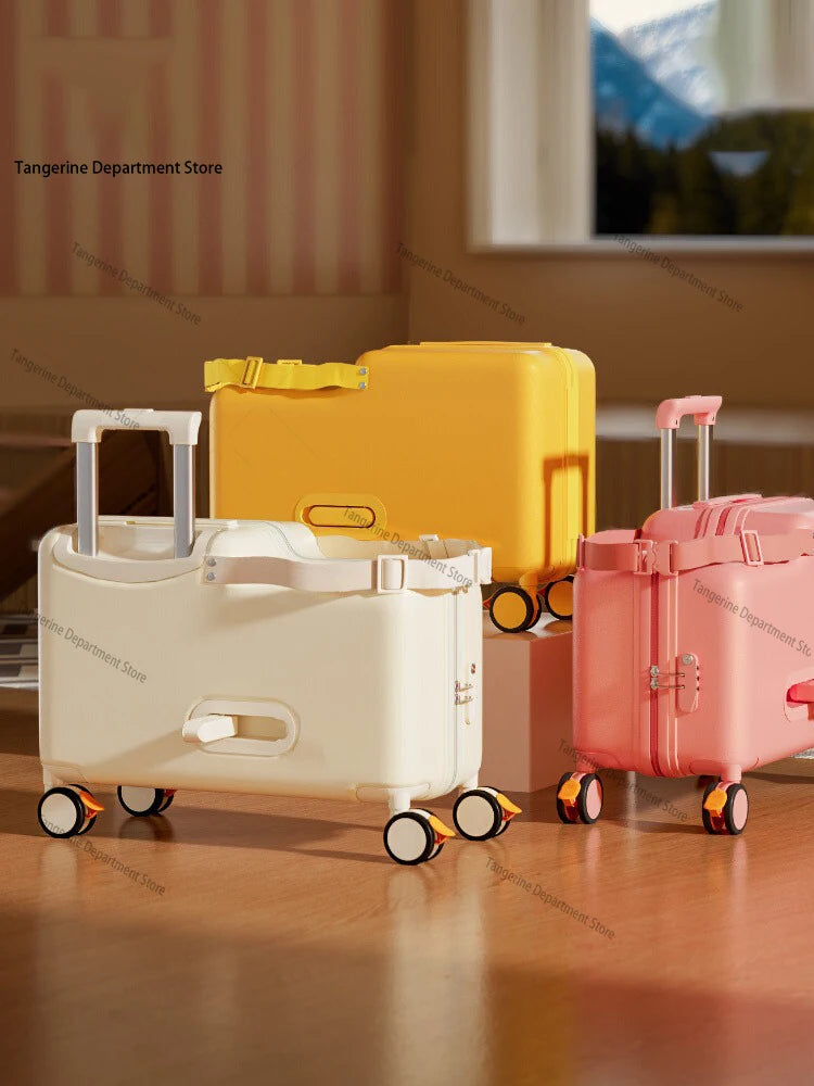 18 inch New Suitcase with Seat for Children Small Luggage Lightweight Boardable PC Suitcase Foldable Pedal Girls and Boys