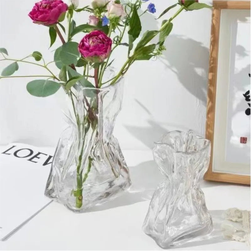 KIMLUD, Ins Creative Glass Vase Fold Paper-like Luxury Flower Vase Home Decoration Irregular Transparent Glass Vase Hydroponic Art, KIMLUD Womens Clothes