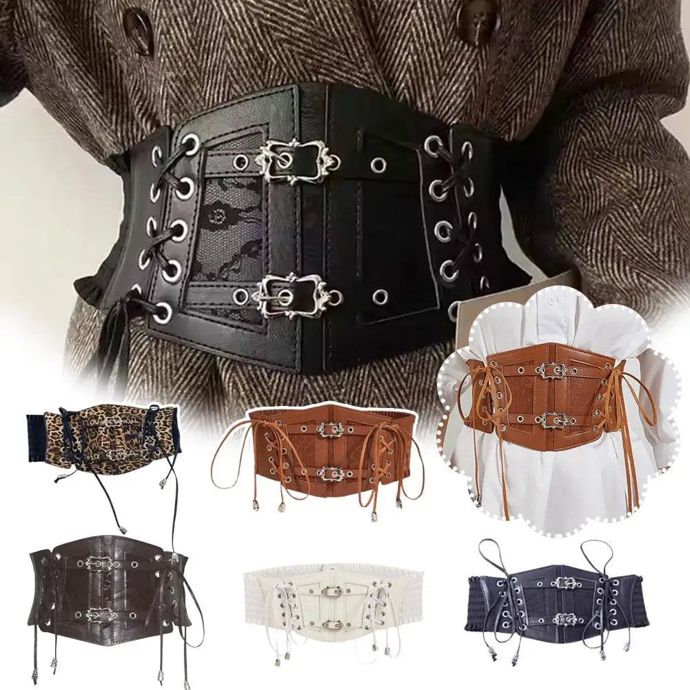 Retro Wide Belt PU Stretch Cummerbunds Belts — Brown White | KIMLUD