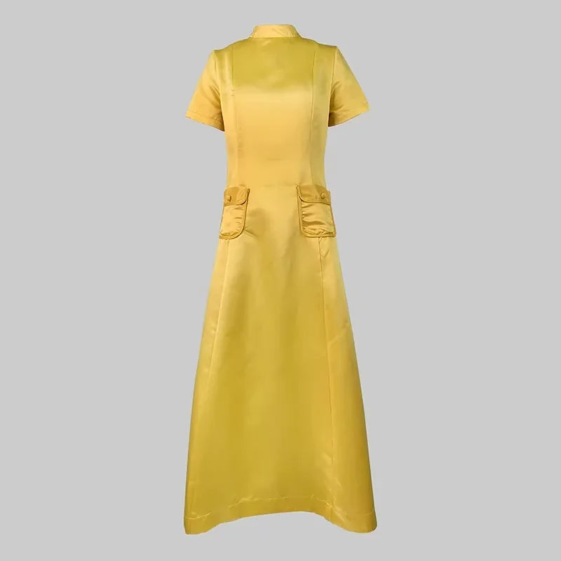 A-Line Dress – Pockets – Polyester – Yellow | KIMLUD
