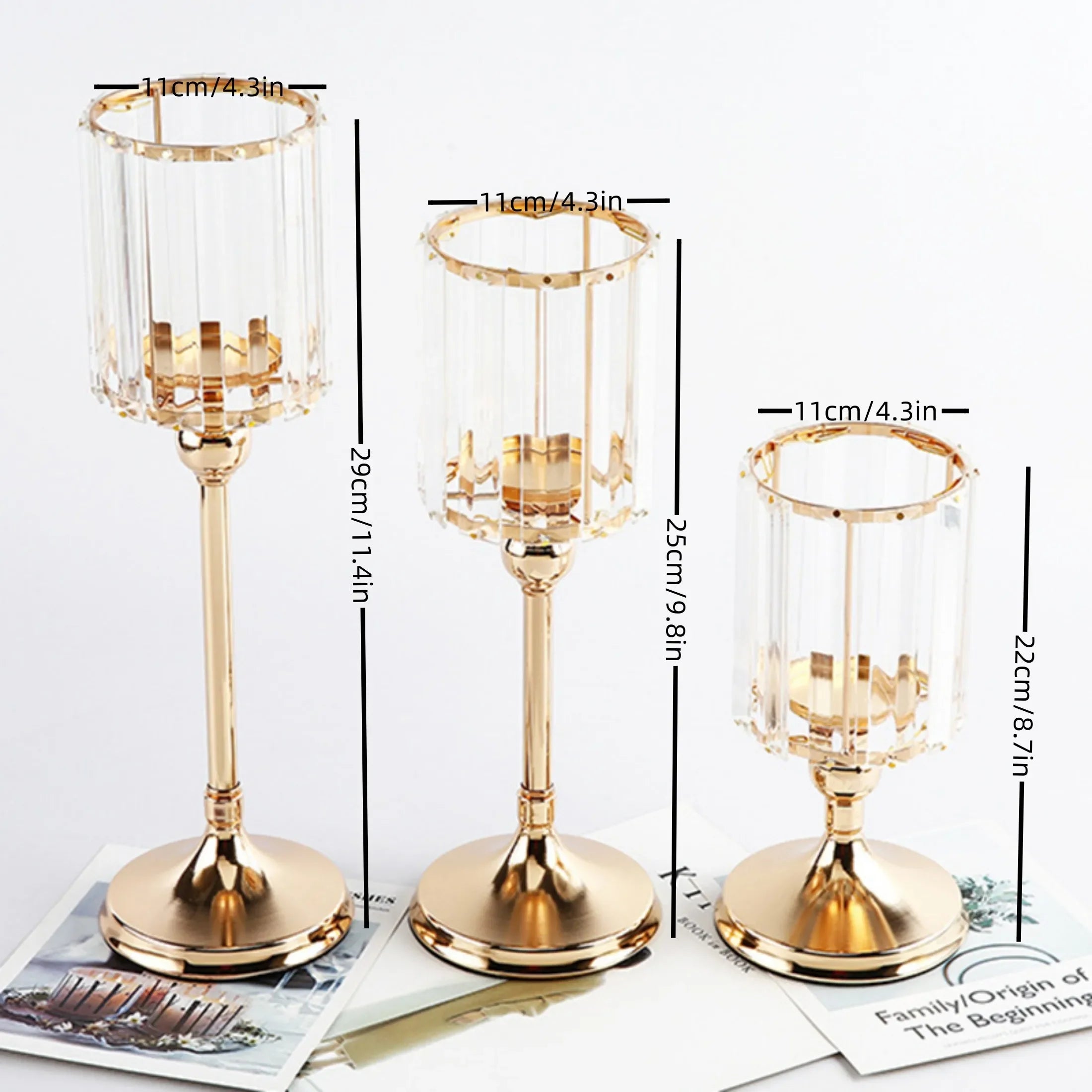 Crystal Gold-Toned Pillar Candle Holder For Dining Tables — Gold | KIMLUD