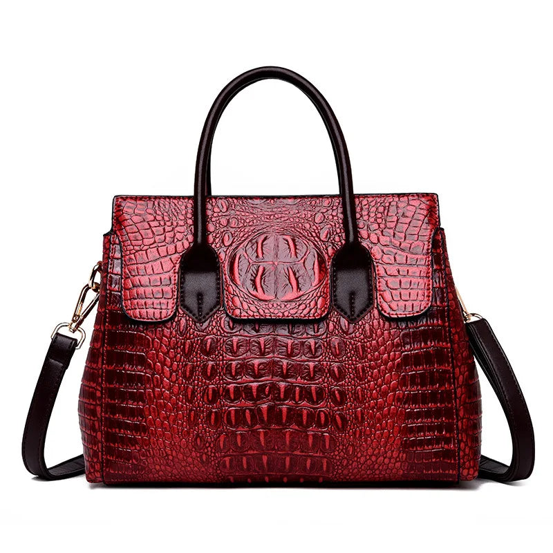 Genuine Leather Shoulder Bag Crocodile — Black | KIMLUD