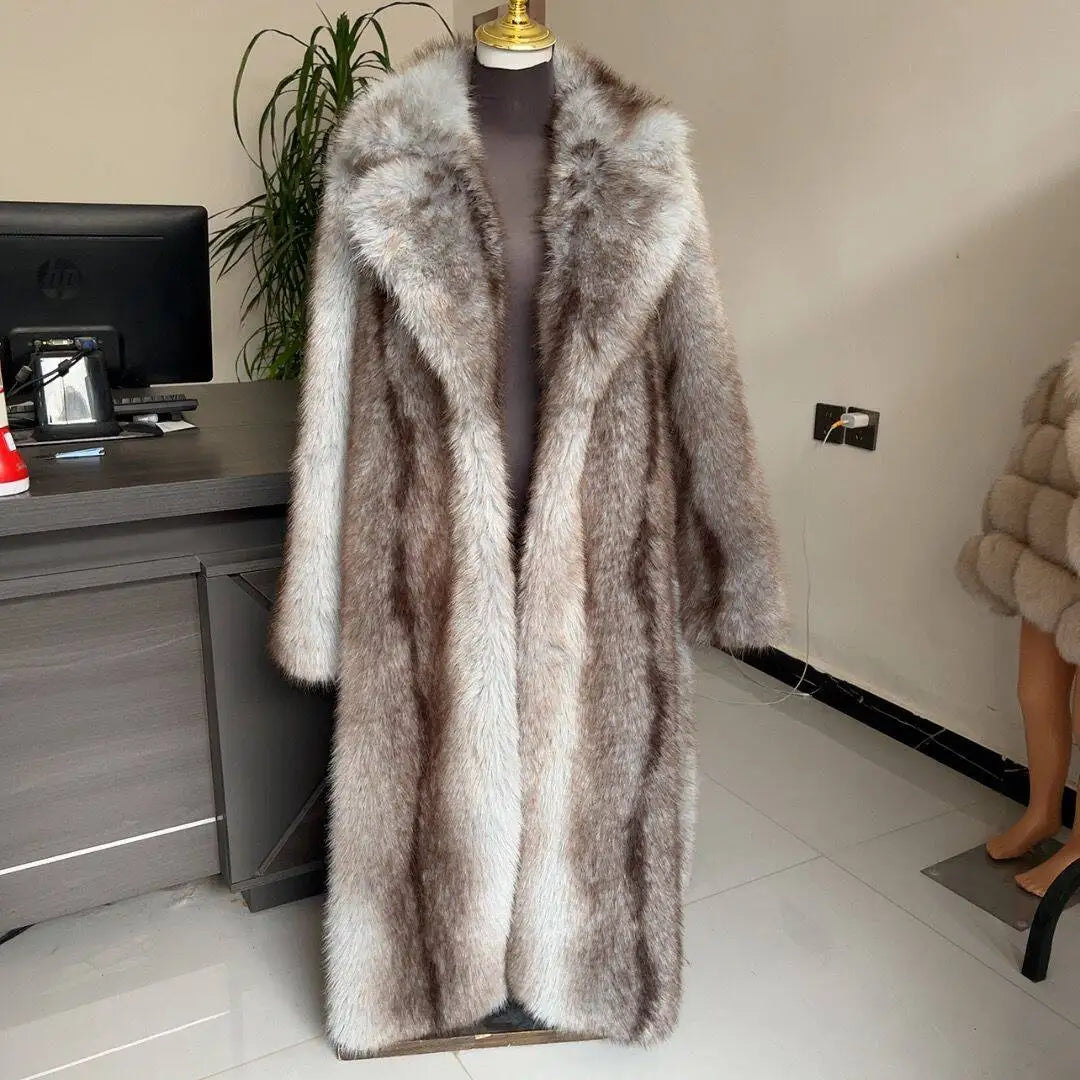 Faux Fur Coat - Long Waistband Design - Faux Fur - Large Collar | KIMLUD